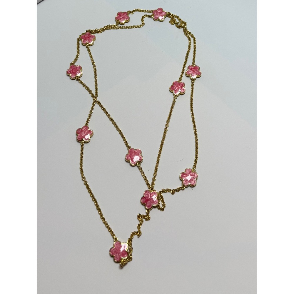 Lauren G Adams LGA 42" Pink Marbled Enamel Flower Station Necklace Gold Tone